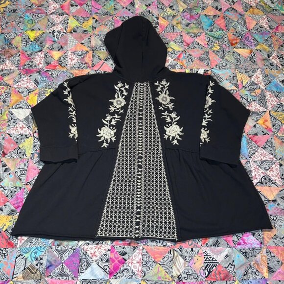 Johnny Was Floral Embroidered Jacket Full Zip Hooded Black Size Small - Picture 8 of 8